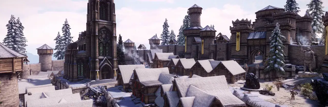 Zimowa wioska z kamienną katedrą i zamkiem, idealna sceneria dla najlepszych modów do Skyrim.