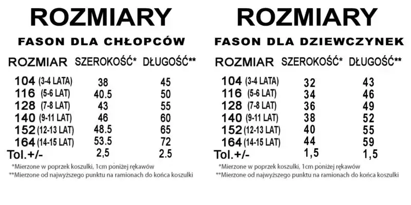 Tabela rozmiarów odzieży dziecięcej 164