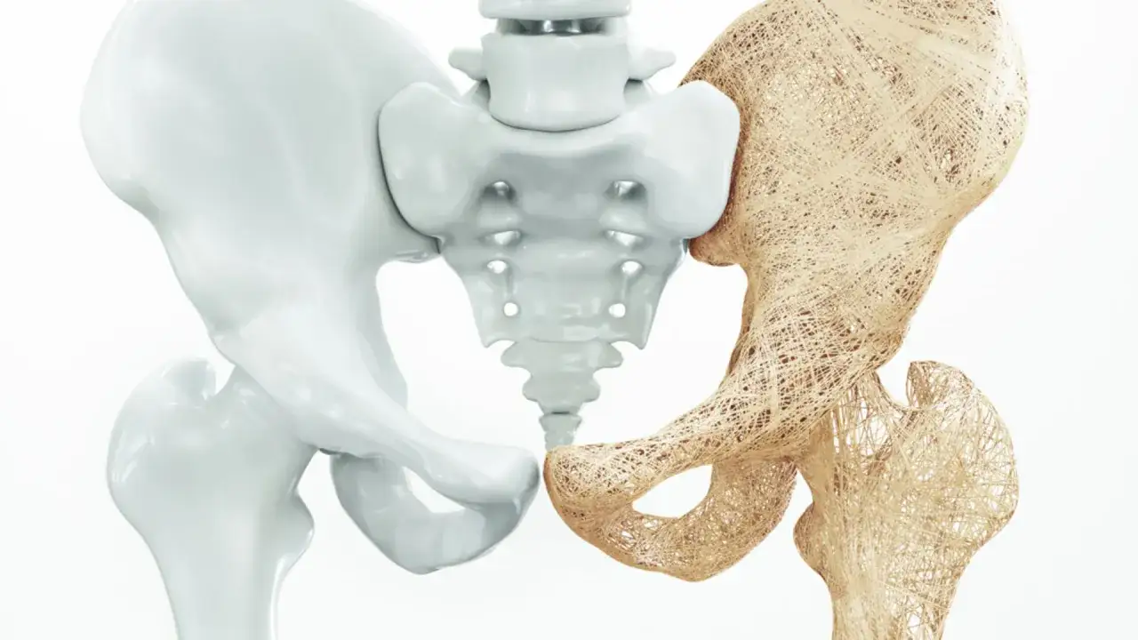 Zdrowa miednica obok tej z osteoporozą, która wygląda jak delikatna, ażurowa struktura.
