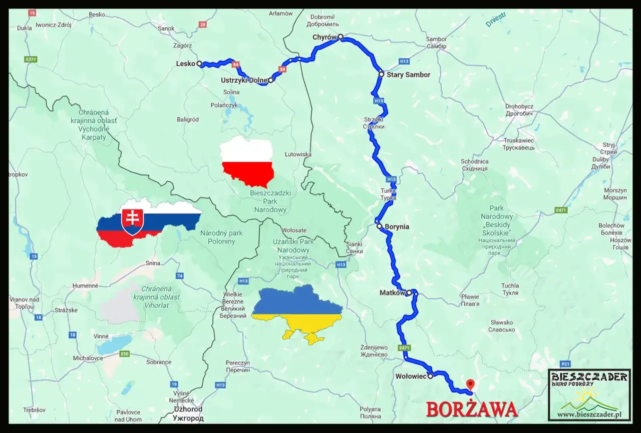 Bieszczady gdzie są? Mapa pokazuje szlak przez Polskę, Słowację i Ukrainę, w tym Park Narodowy Bieszczadzki.