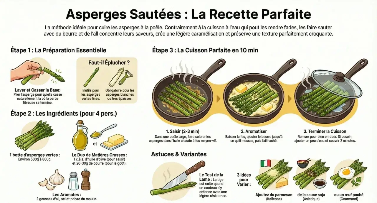 Recette asperges vertes po&ecirc;l&eacute;es : pr&eacute;paration, cuisson et variantes pour des asperges croquantes et savoureuses.