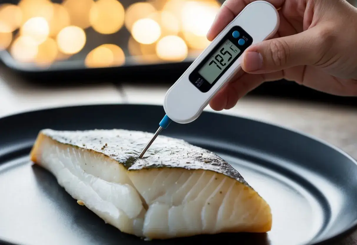 En digital termometer mäter torskens innertemp. Den visar 78.5°C, perfekt för en saftig fiskrätt.