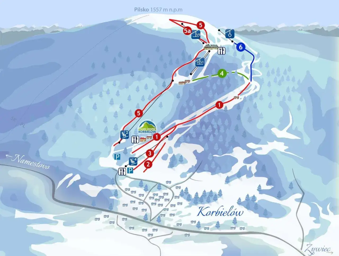 Mapa tras narciarskich na Pilsku w Korbielowie. Widoczne wyciągi, trasy (oznaczone numerami i kolorami) oraz zabudowania. Idealne miejsce na pilsko skitury.