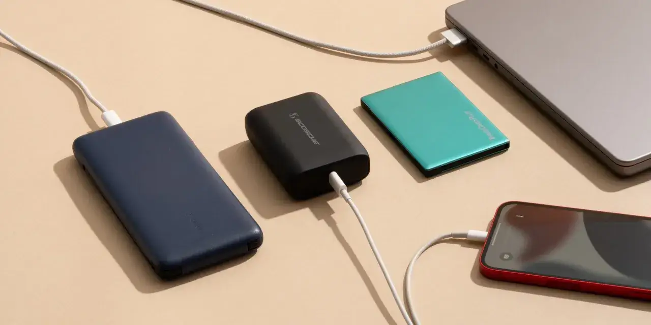 Co to jest powerbank? To przenośne źródło energii. Na zdjęciu widzimy trzy powerbanki w różnych kolorach, ładowane przez kable, a także telefon i laptopa.