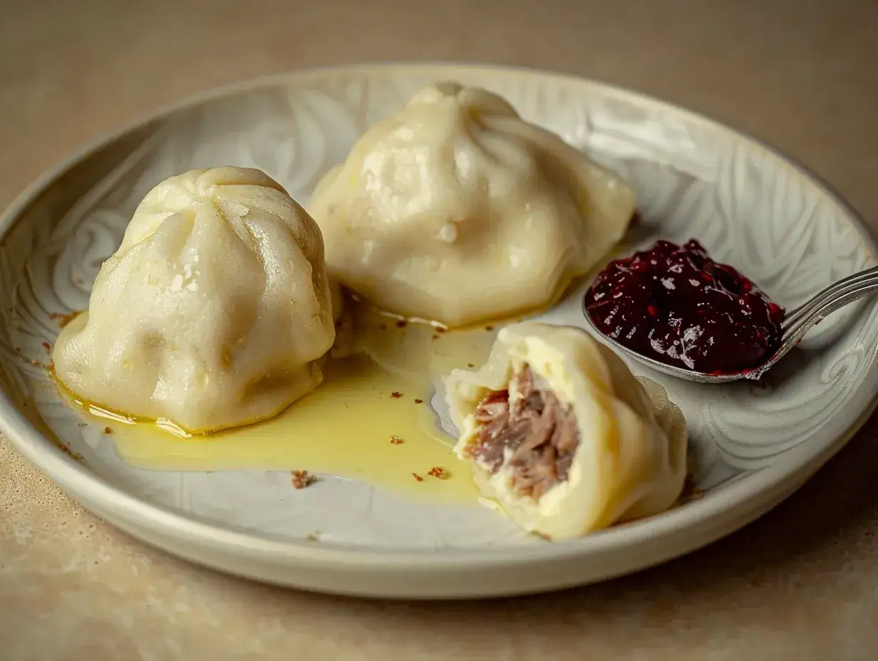 Tre saftiga paltar med köttfyllning, serverade med lingonsylt och smält smör. Ett klassiskt palt recept.