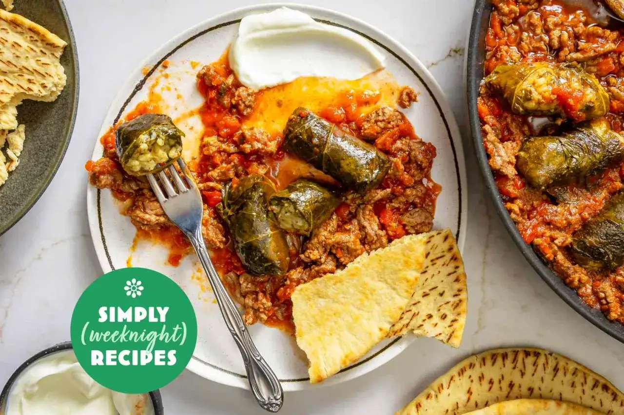 Gef&uuml;llte Weinbl&auml;tter in Tomatenso&szlig;e mit Hackfleisch, dazu Fladenbrot und Joghurt. Perfekt f&uuml;r schnelle 15 Minuten Rezepte am Abend.