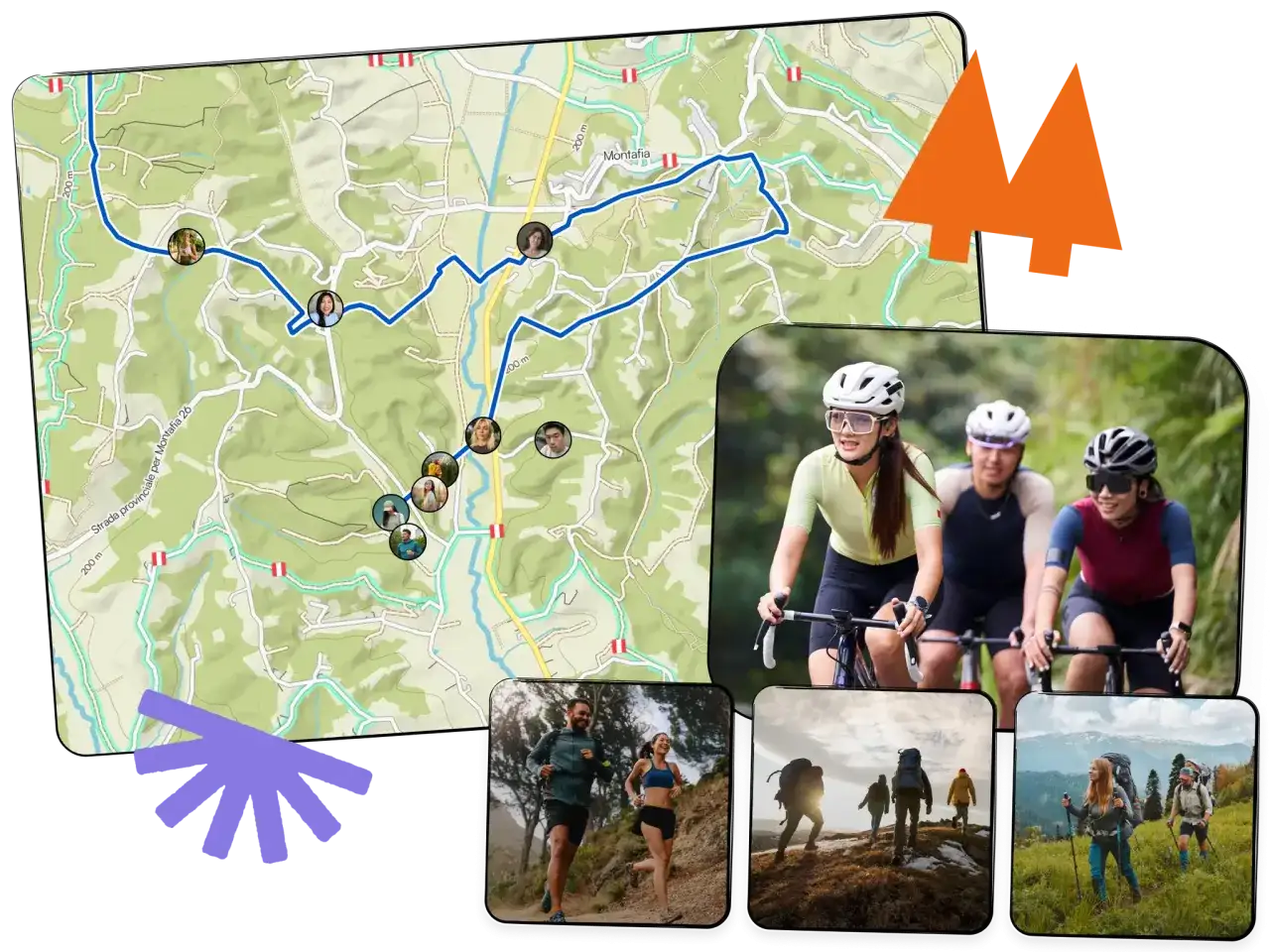 Mit komoot mehrtagestour planen: Radfahrer, Läufer und Wanderer auf einer Karte mit markierten Routen.