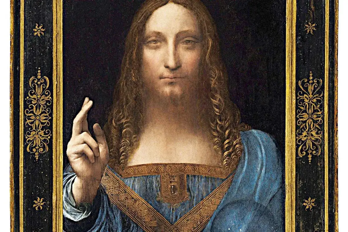 Salvator Mundi obraz Leonarda da Vinci. Chrystus w błękitnej szacie błogosławi prawą ręką.
