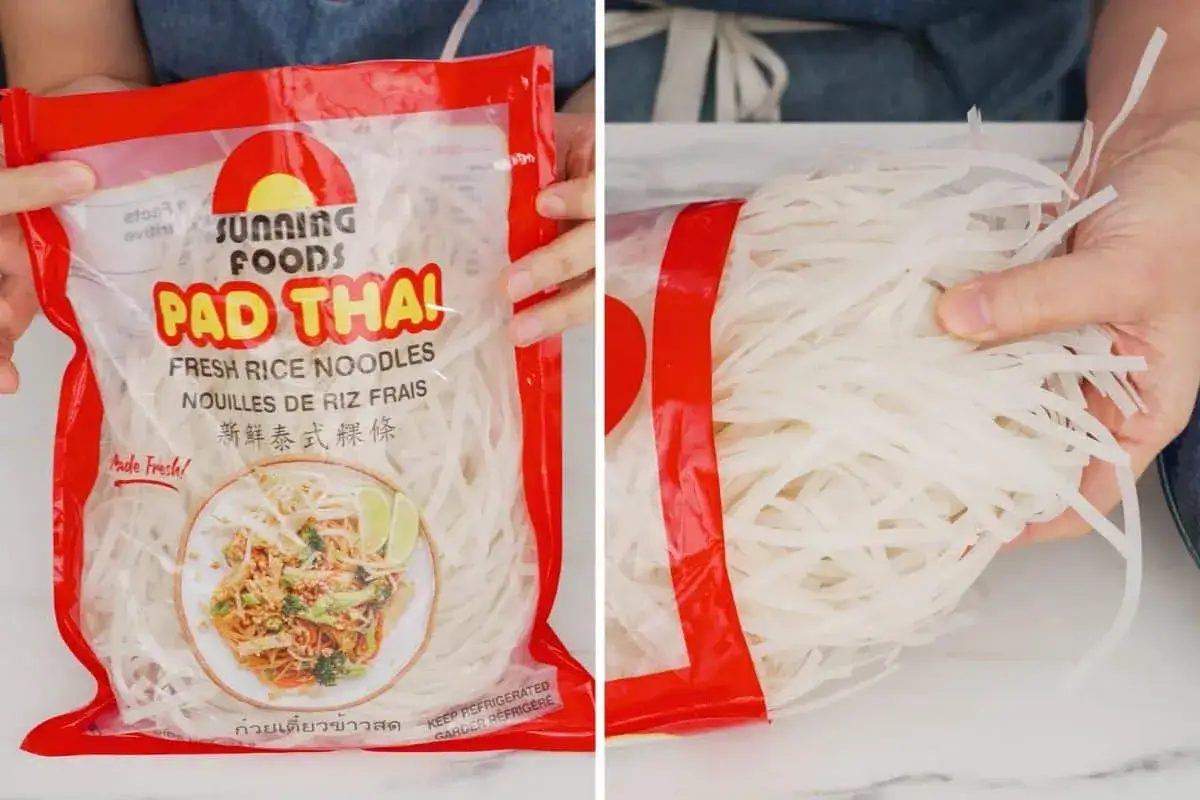Świeży makaron ryżowy, idealny do przygotowania autentycznego Pad Thai. Ten makaron to klucz do sukcesu w kuchni tajskiej.