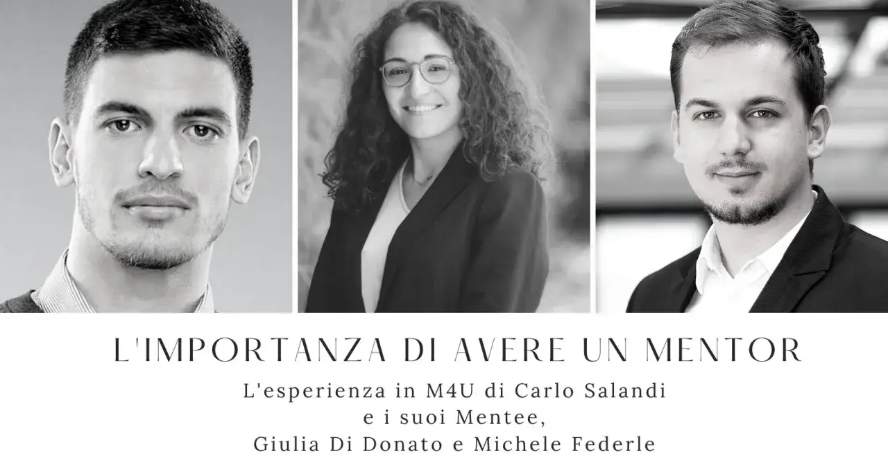 Ritratto di tre professionisti, con testo che evidenzia il mentoring significato: l'importanza di avere una guida.