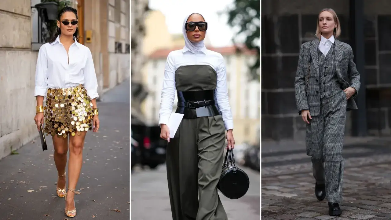 Tre modi per indossare una camicia bianca: con gonna a paillettes dorate, con jumpsuit verde militare e cintura nera, o con completo a quadri grigio.