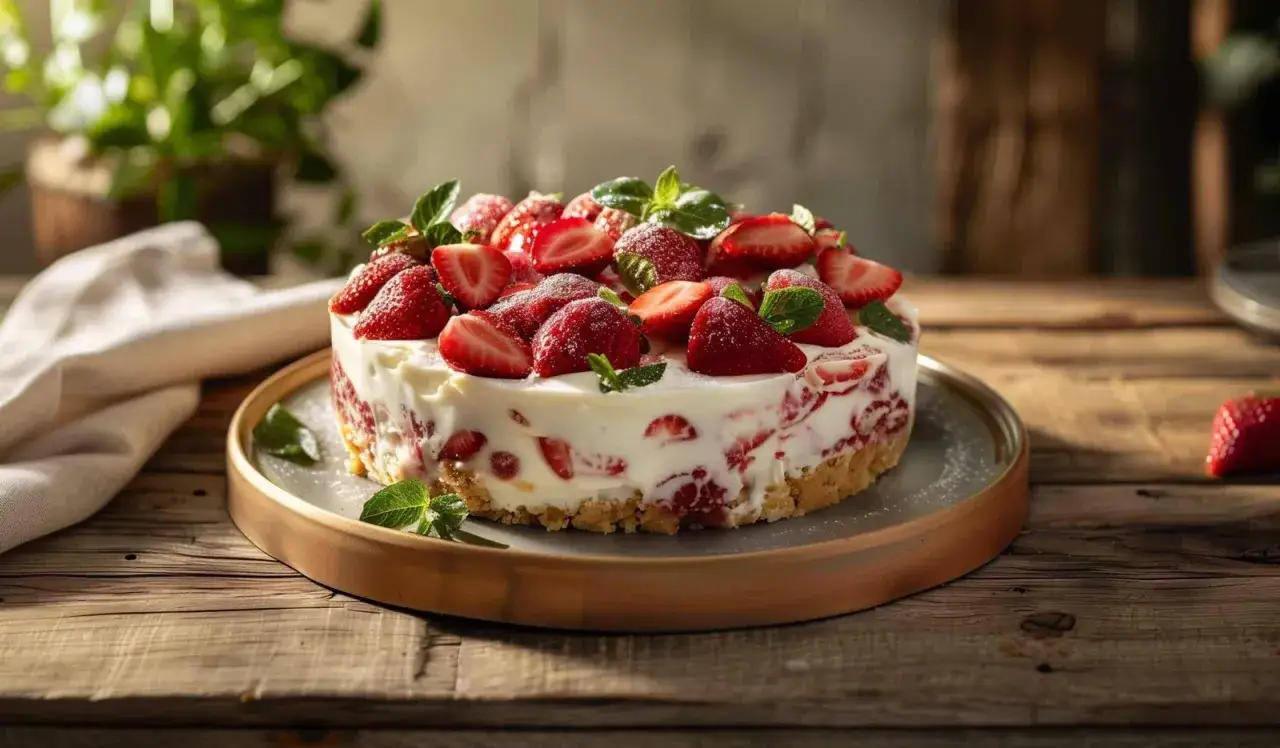 Delizioso cheesecake alle fragole, decorato con fragole fresche e menta, su un piatto di legno rustico.