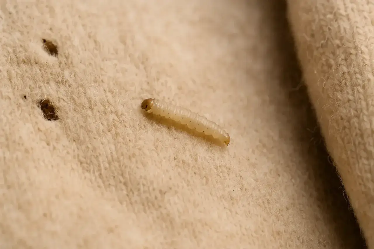 Ein Kleidermotten-Nest hinterlässt Fraßlöcher in einem Wollstoff. Eine Larve frisst sich durch die Fasern.