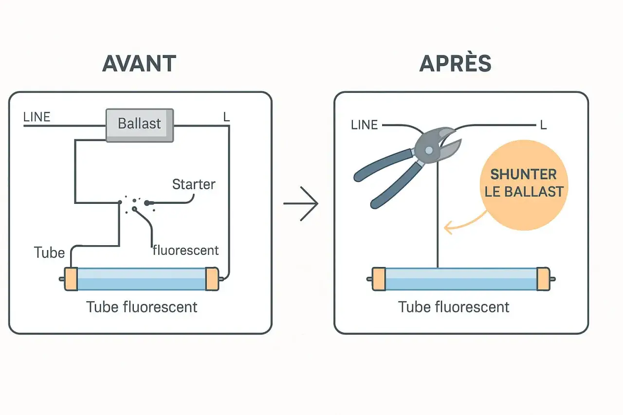 Sch&eacute;ma avant/apr&egrave;s : on voit comment changer starter n&eacute;on en shuntant le ballast pour un tube fluorescent.