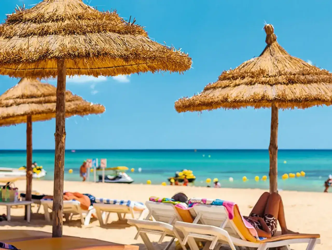 Słoneczna plaża na Djerbie, z leżakami i parasolami. Czy Djerba jest bezpieczna dla kobiet? Tak, to popularny kierunek turystyczny.