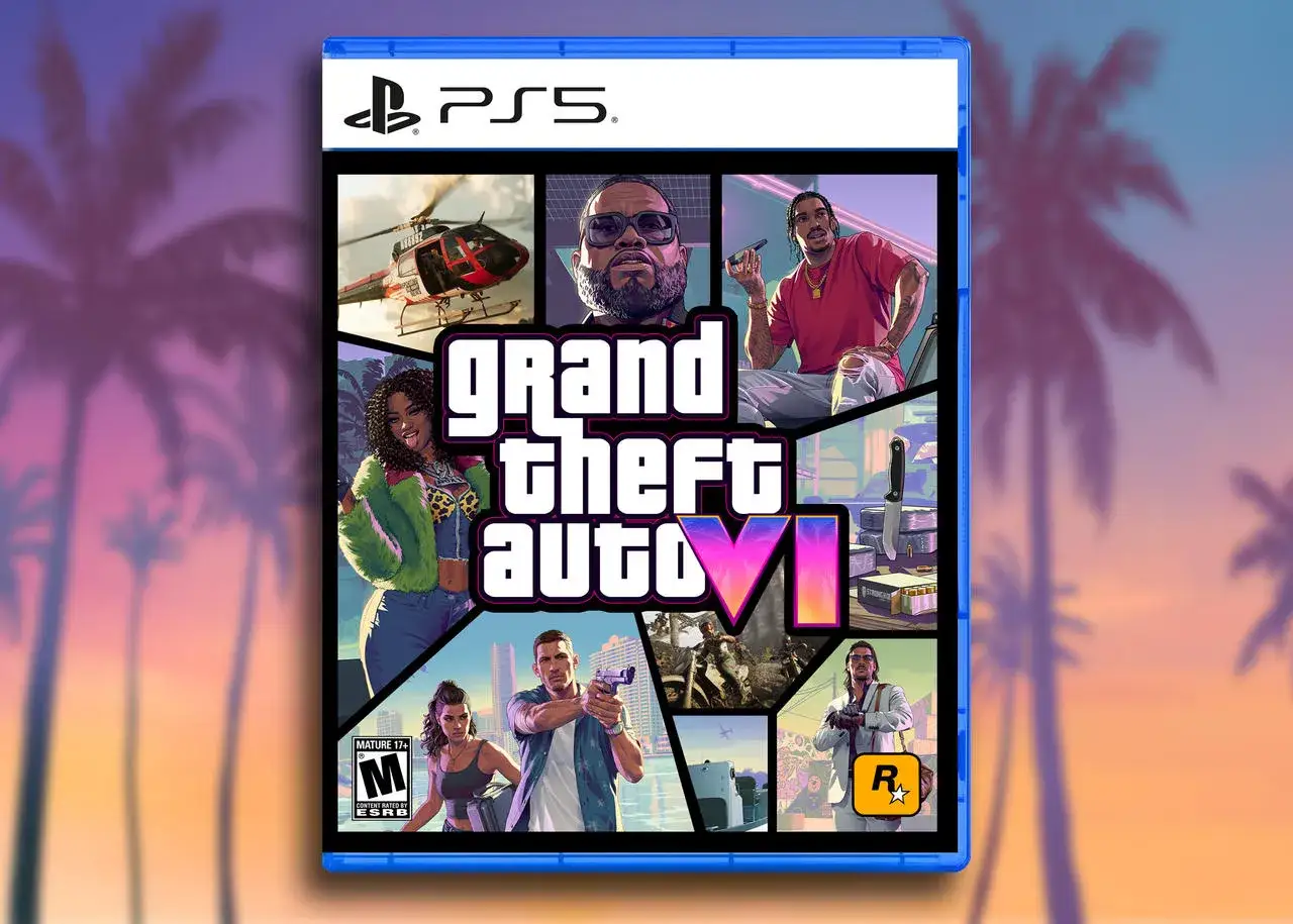Okładka gry Grand Theft Auto VI na PS5. Widzimy fragmenty rozgrywki: helikopter, postacie, motocykl i n&oacute;ż.