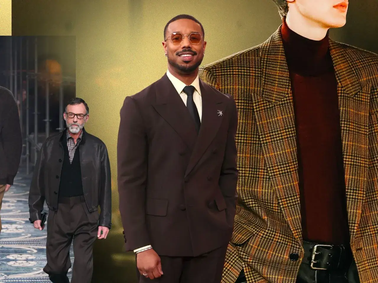 Uomo con outfit nero e marrone: completo doppiopetto marrone, giacca a quadri, giubbotto in pelle.
