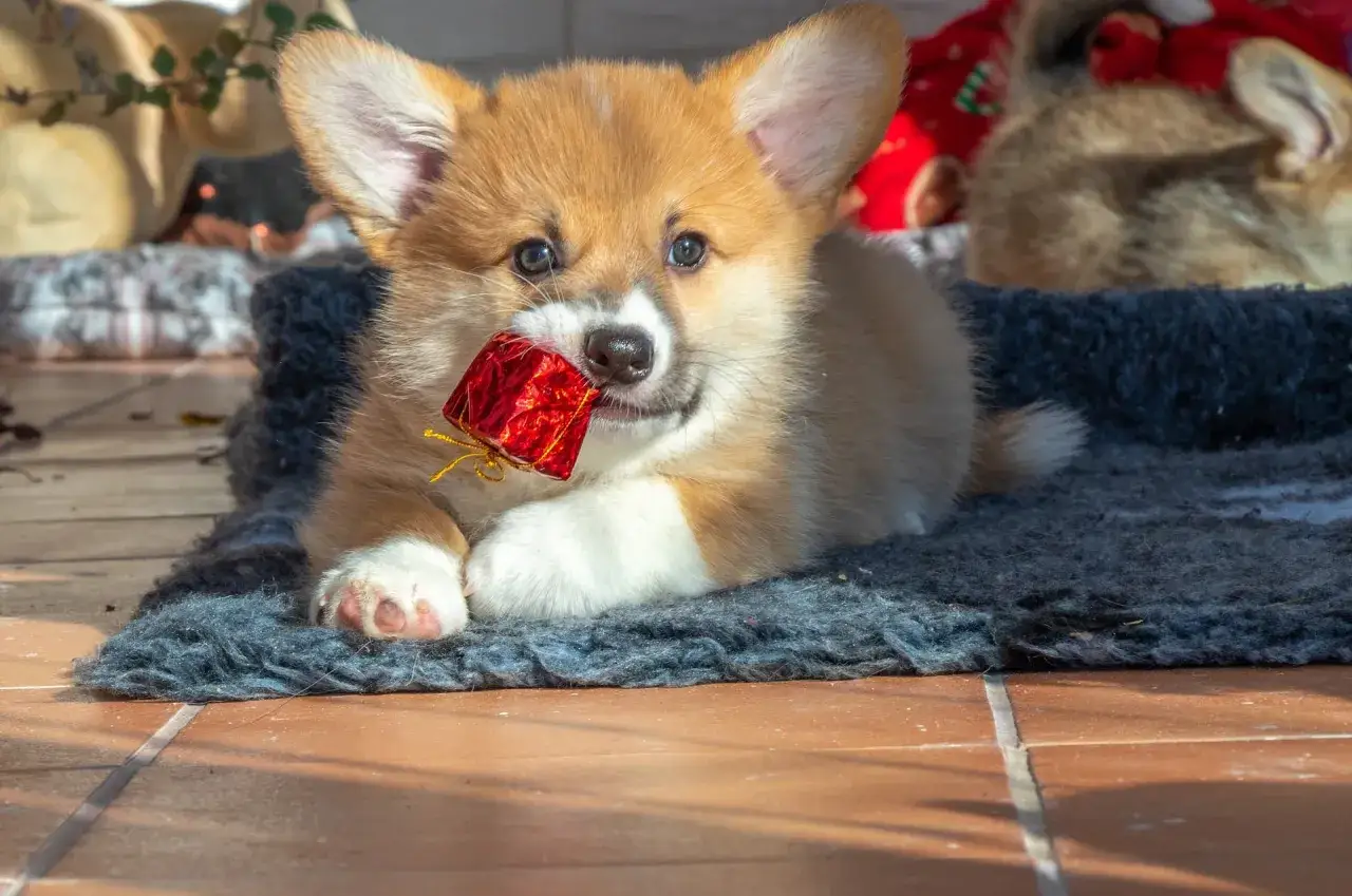 Ein s&uuml;&szlig;er Corgi-Welpe mit einem roten Geschenk im Maul. Er fragt sich, wie viel kostet ein hund, wenn er so niedlich ist?