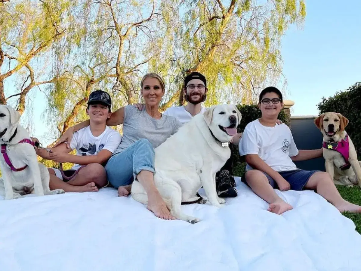 Celine Dion z synami i psami cieszy się rodzinnym piknikiem na trawie.