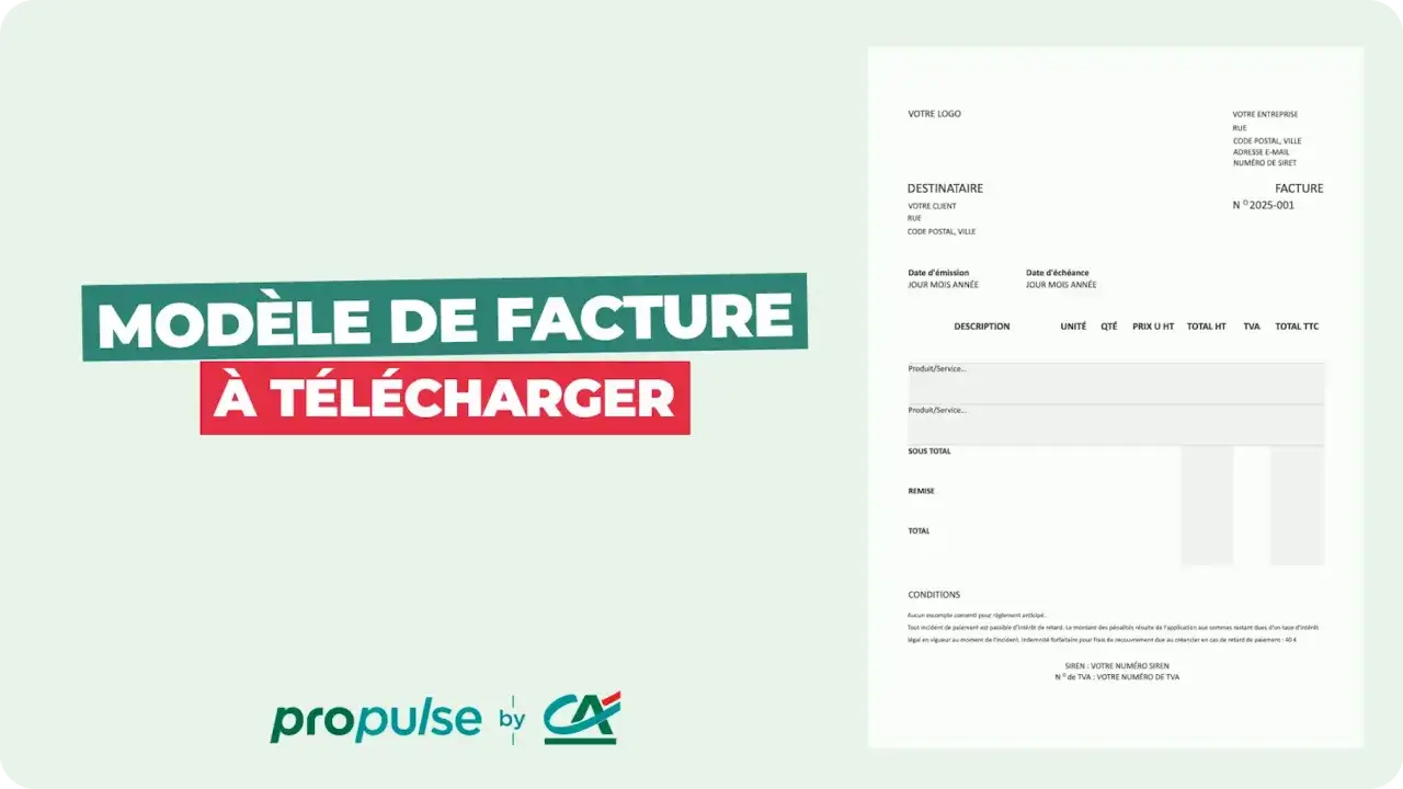 Mod&egrave;le de facture &agrave; t&eacute;l&eacute;charger, avec champs pour la date de facturation, la date de livraison, les produits, les totaux et les conditions.