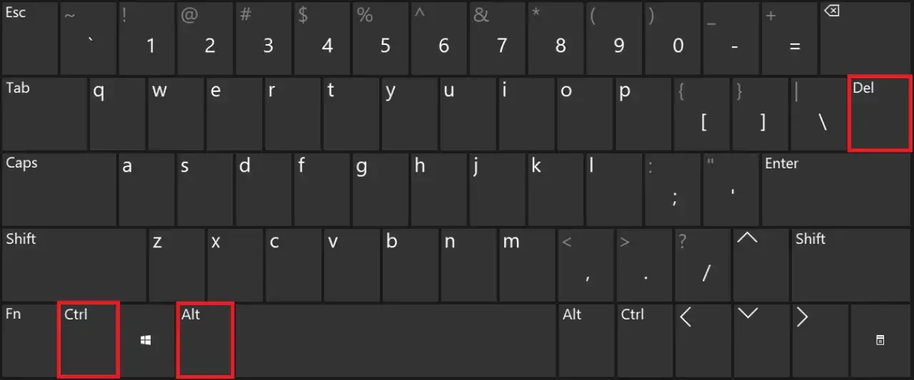 Klawiatura z podświetlonymi klawiszami Ctrl, Alt i Del. Kombinacja Ctrl+Alt+Del to skrót do menadżera zadań.