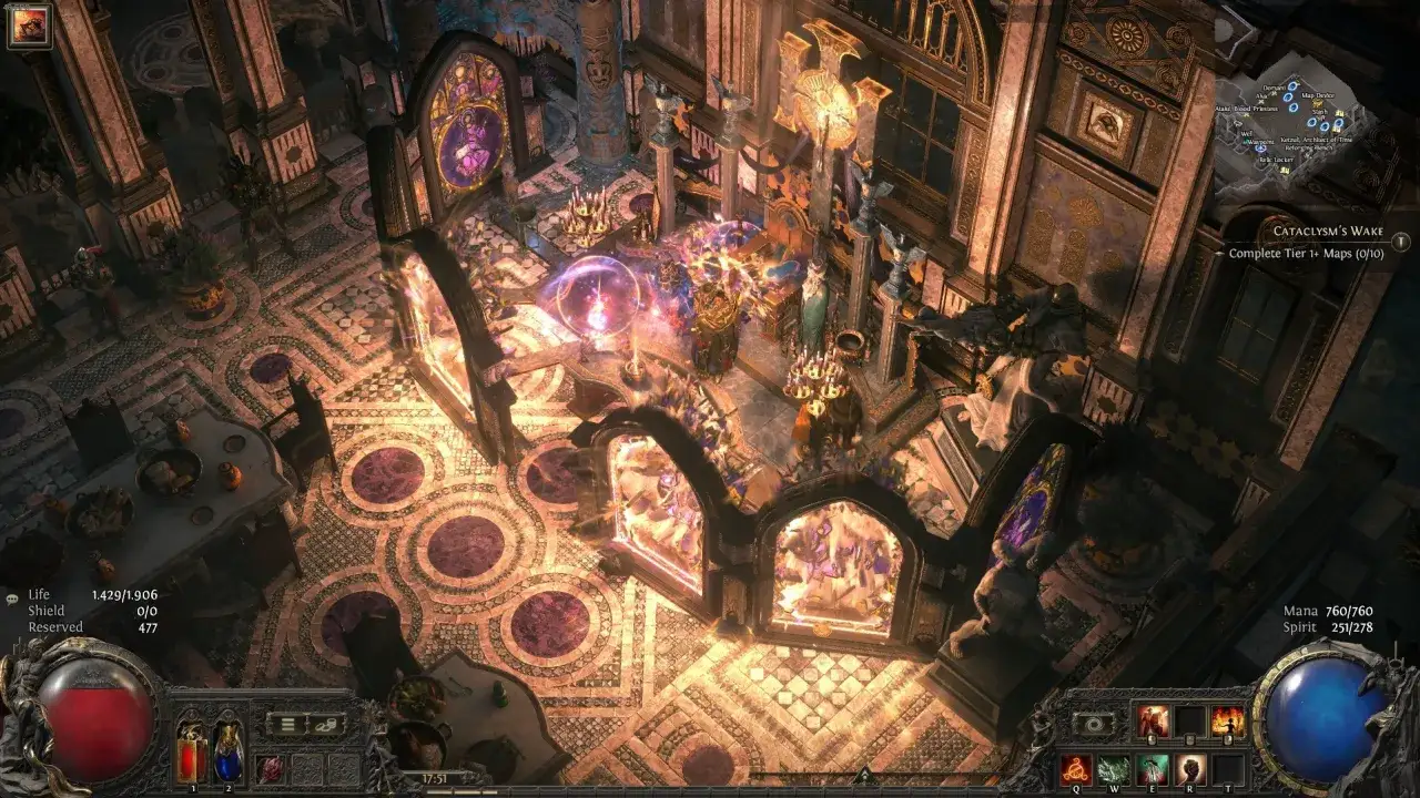 Wnętrze bogato zdobionej komnaty w grze Path of Exile 2. Postacie i magiczne efekty w grze Path of Exile 2.