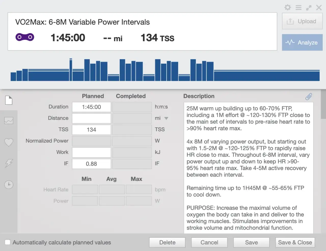 Trening VO2max: 6-8M interwałów o zmiennej mocy, 1:45:00, 134 TSS. Celem jest zwiększenie maksymalnego poboru tlenu.