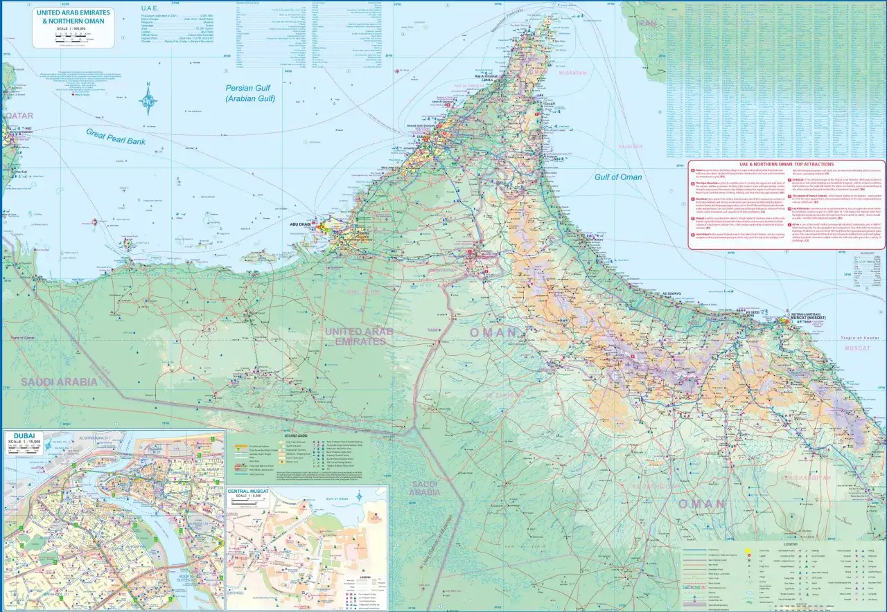Mapa ZEA i Omanu Północnego. Gdzie leży Dubaj? Na wybrzeżu Zatoki Perskiej, między Abu Zabi a Szardżą.