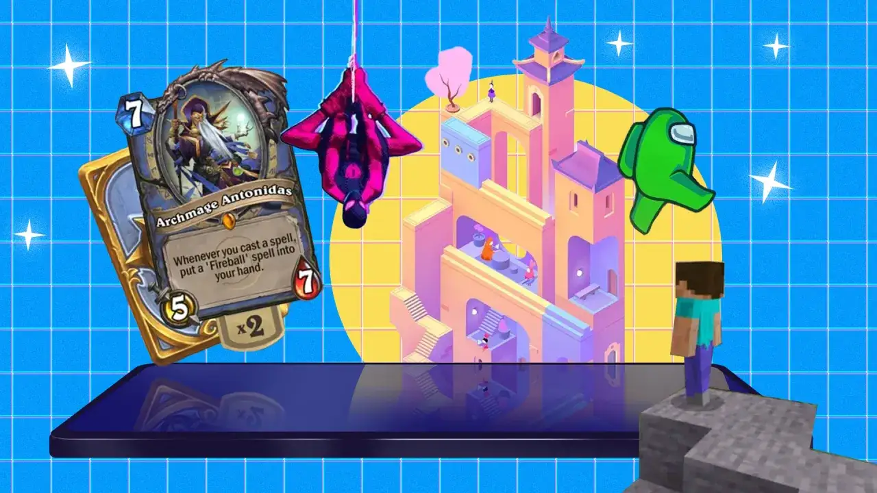 Carte Hearthstone, personnage Among Us, et éléments de Minecraft et Spider-Man. Les meilleurs jeux Android en un collage.