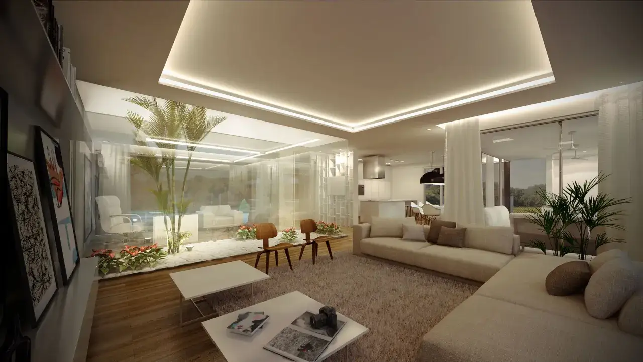 Elegantes interiores de casas sencillas con un patio interior de cristal, sof&aacute;s c&oacute;modos y una cocina moderna.