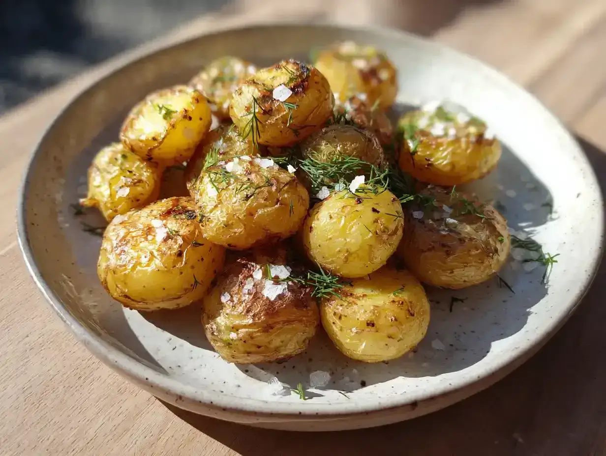 En tallrik med gyllene, r&aring;stekt potatis i airfryer, toppad med f&auml;rsk dill och flingsalt. Perfekt som tillbeh&ouml;r!