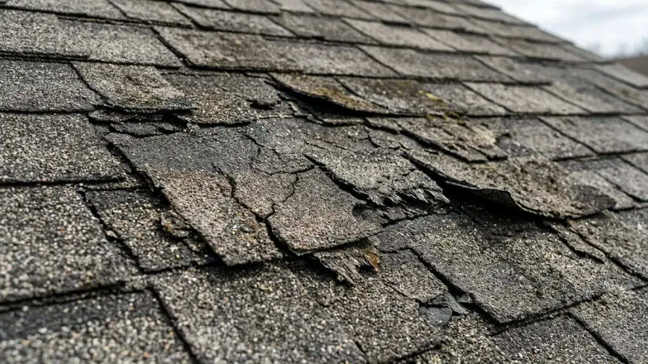 Close-up of damaged asphalt shingle roof repair needed. Shingles are cracked, curled, and peeling, showing signs of wear and tear.