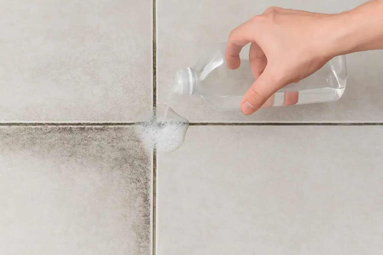 Main d'une personne versant un produit moussant sur du carrelage encrass&eacute;, avant nettoyage vapeur.