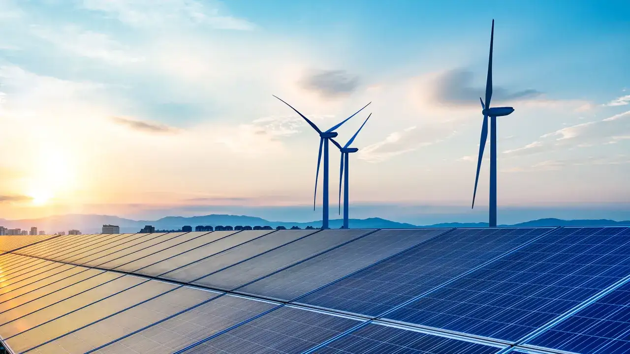 Solarpanels und Windräder im Sonnenuntergang. Die Agora Energiewende Kritik wird laut, doch die Zukunft ist erneuerbar.