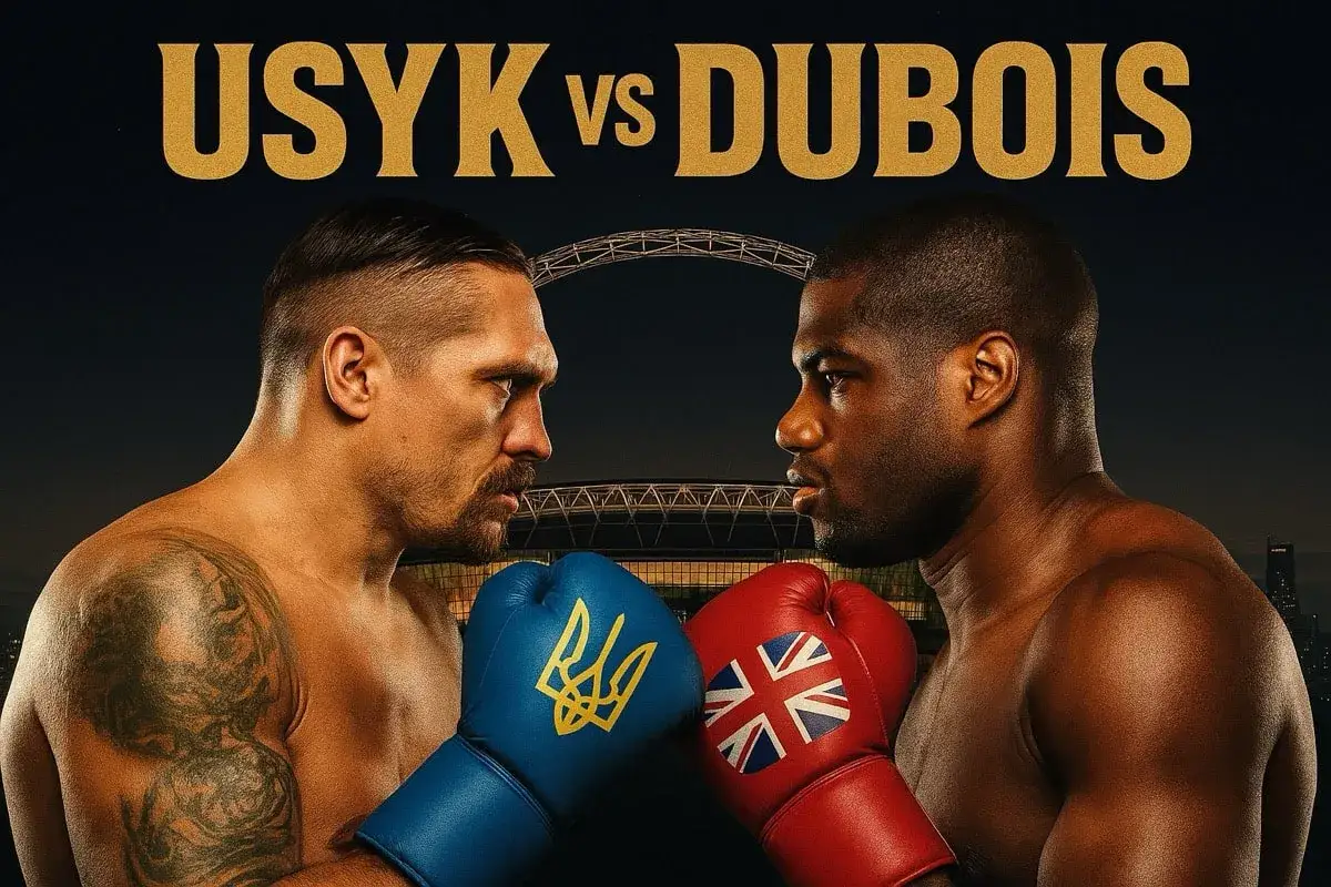 Two boxers, Usyk and Dubois, face off. Usyk wears blue gloves with the Ukrainian trident, Dubois red gloves with the Union Jack. The text