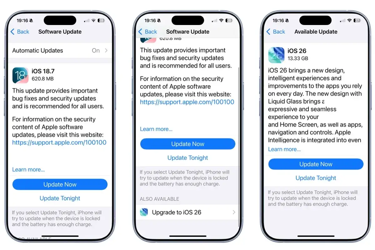 Ekran iPhone'a z opcjami aktualizacji oprogramowania. Widoczne są komunikaty o dostępnych aktualizacjach iOS, w tym o najnowszej aktualizacji iPhone.