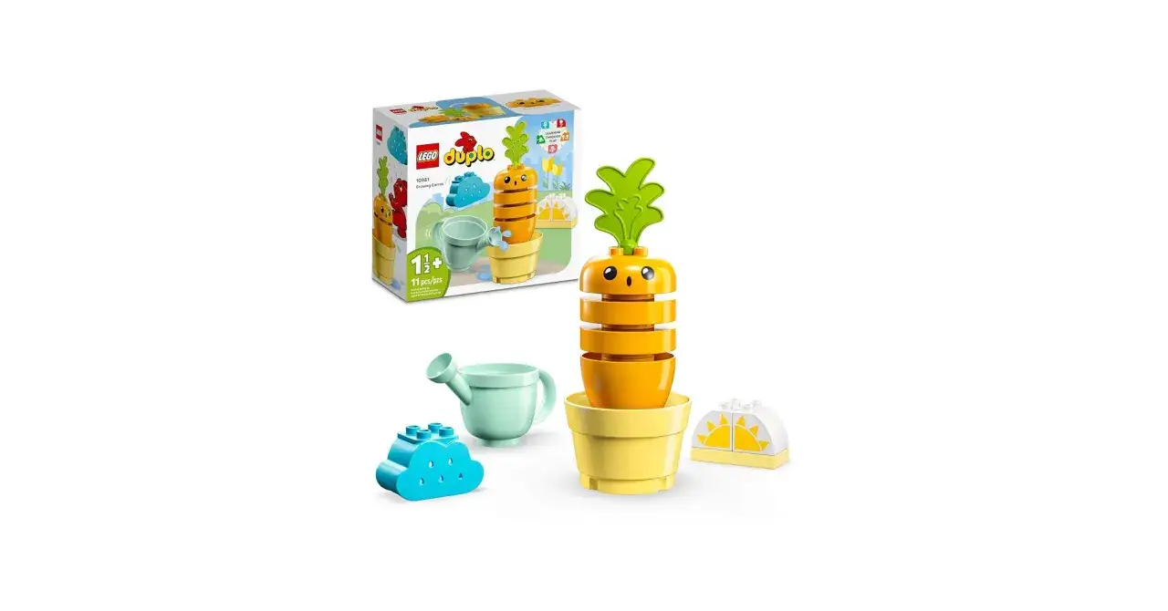 Zestaw LEGO DUPLO Marchewka do budowania i zabawy. Urocza marchewka rośnie w doniczce, a do pomocy są chmurka, konewka i słoneczko.