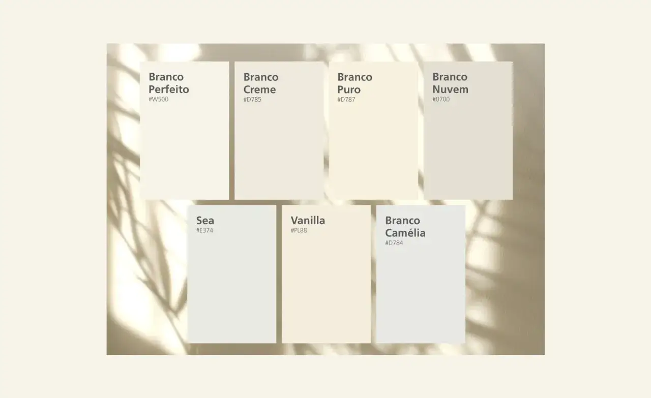 Paleta de colores muestra cuántos tonos de blanco existen: Branco Perfeito, Creme, Puro, Nuvem, Sea, Vanilla y Camélia.