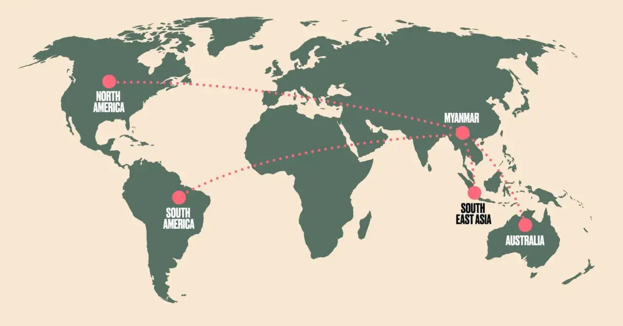 Mapa świata z zaznaczonymi trasami podróży: Ameryka Północna, Ameryka Południowa, Myanmar, Azja Południowo-Wschodnia, Australia. Ciekawe kierunki na wakacje!