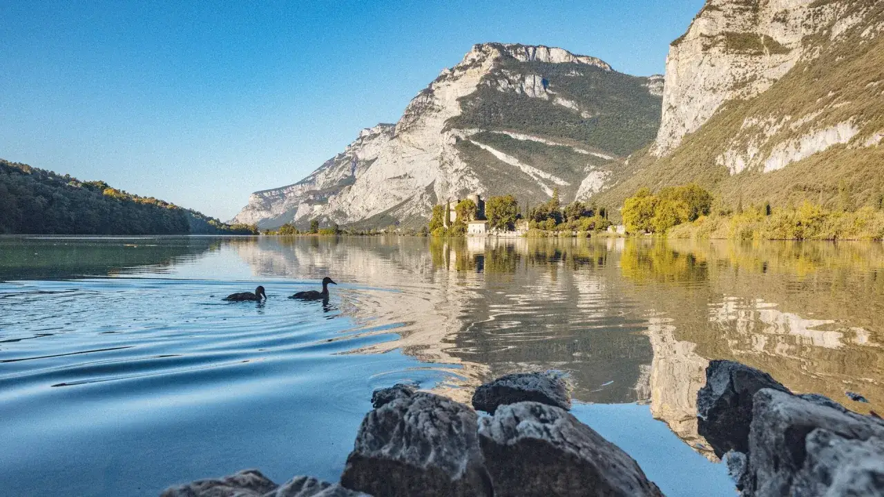 Due anatre nuotano tranquille su un lago alpino, con montagne maestose e un castello sullo sfondo. Un paesaggio del **Trentino da scoprire**.