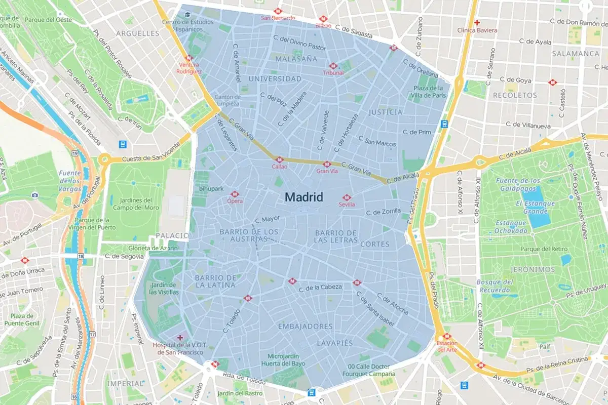 Mapa del zbe distrito centro de Madrid, con calles, barrios como Malasaña, Justicia, Lavapiés, y el Parque del Retiro.