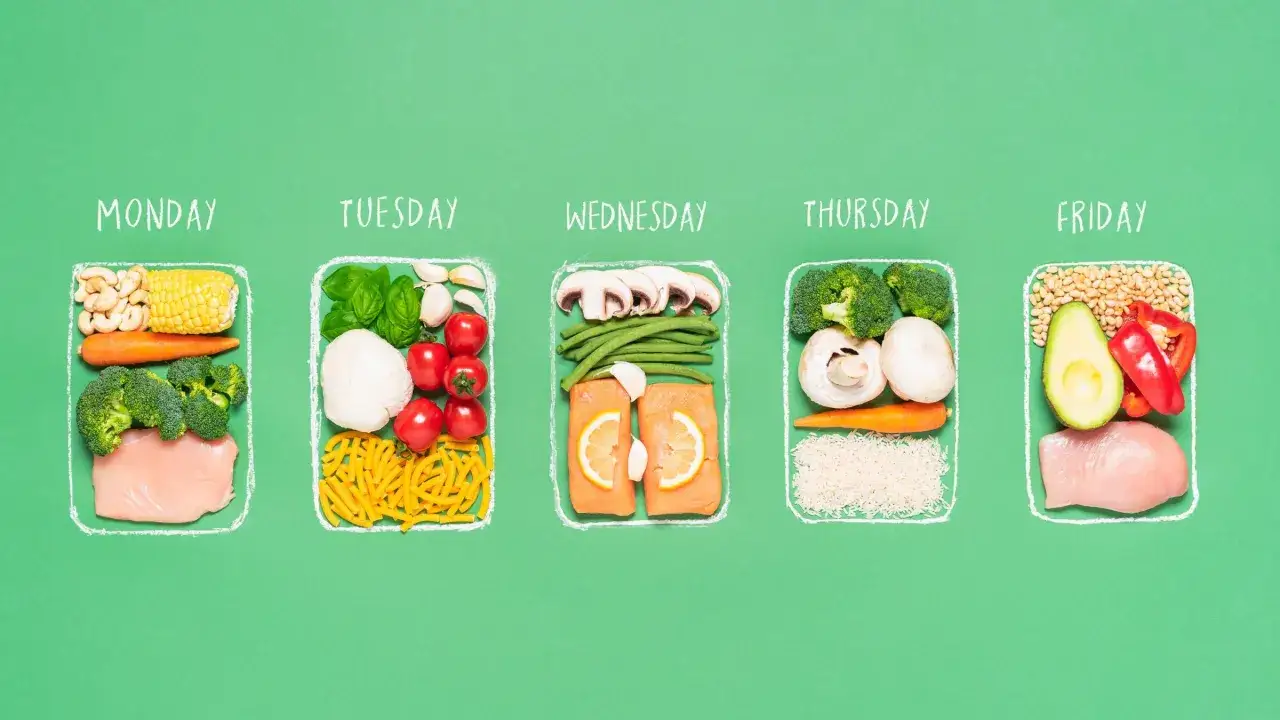 Meal prep for a triathlon: Monday to Friday, showing chicken, salmon, pasta, rice, and various vegetables.