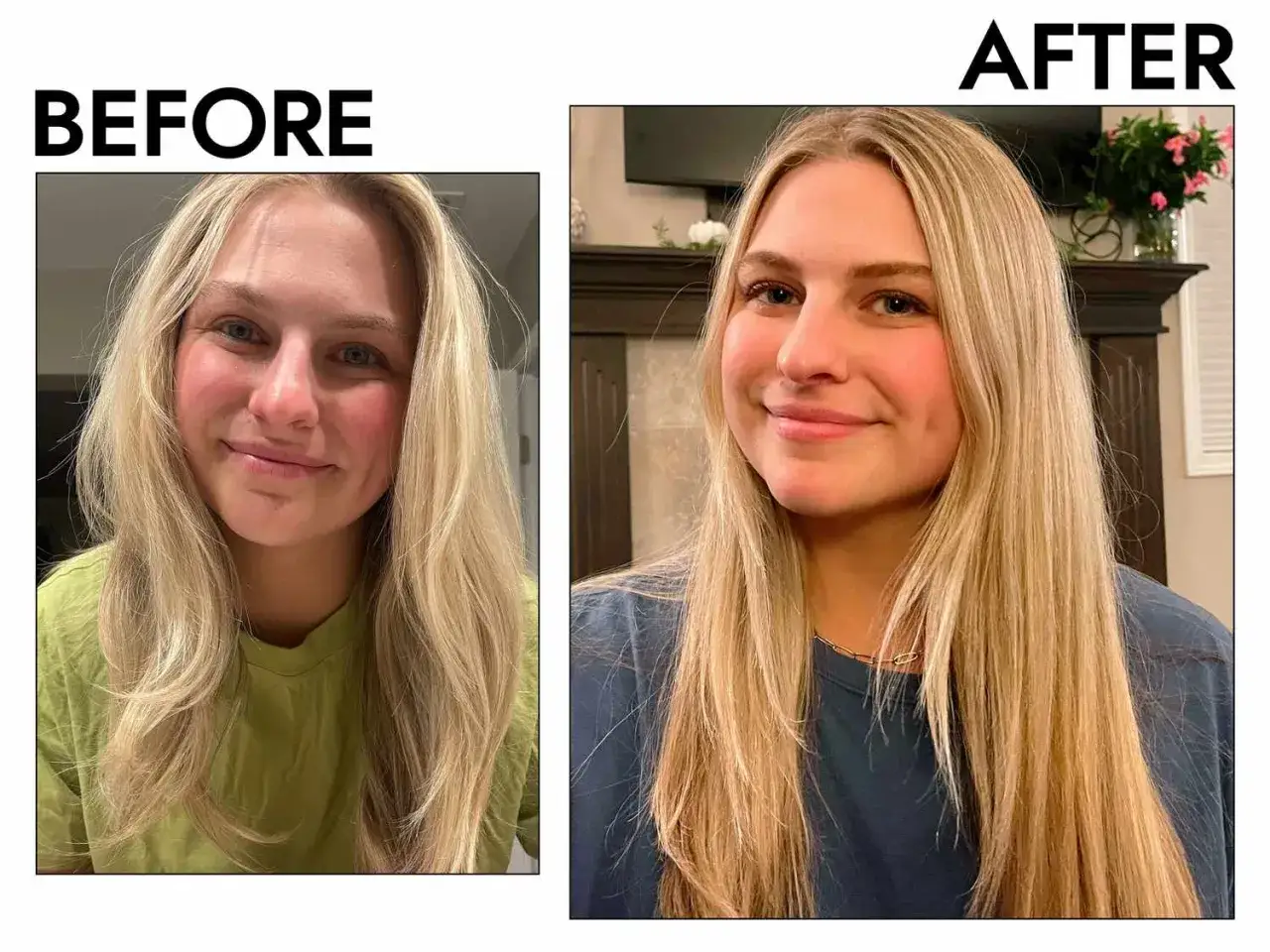 Antes y después: rubia con pelo amarillo, ahora con un rubio más claro y vibrante. ¡Descubre remedios caseros para quitar el amarillo del pelo!