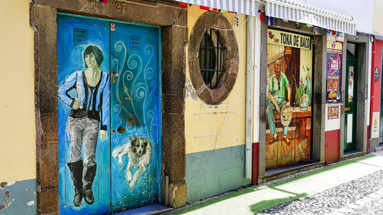 Bunte Türen mit Kunstwerken in der madeira funchal altstadt. Eine Frau mit Hund und ein Mann in einem Lokal.
