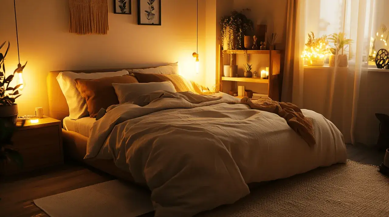 Gemütliches Schlafzimmer mit warmem Licht, Pflanzen und Textilien – tolle schlafzimmer ideen für eine entspannte Atmosphäre.