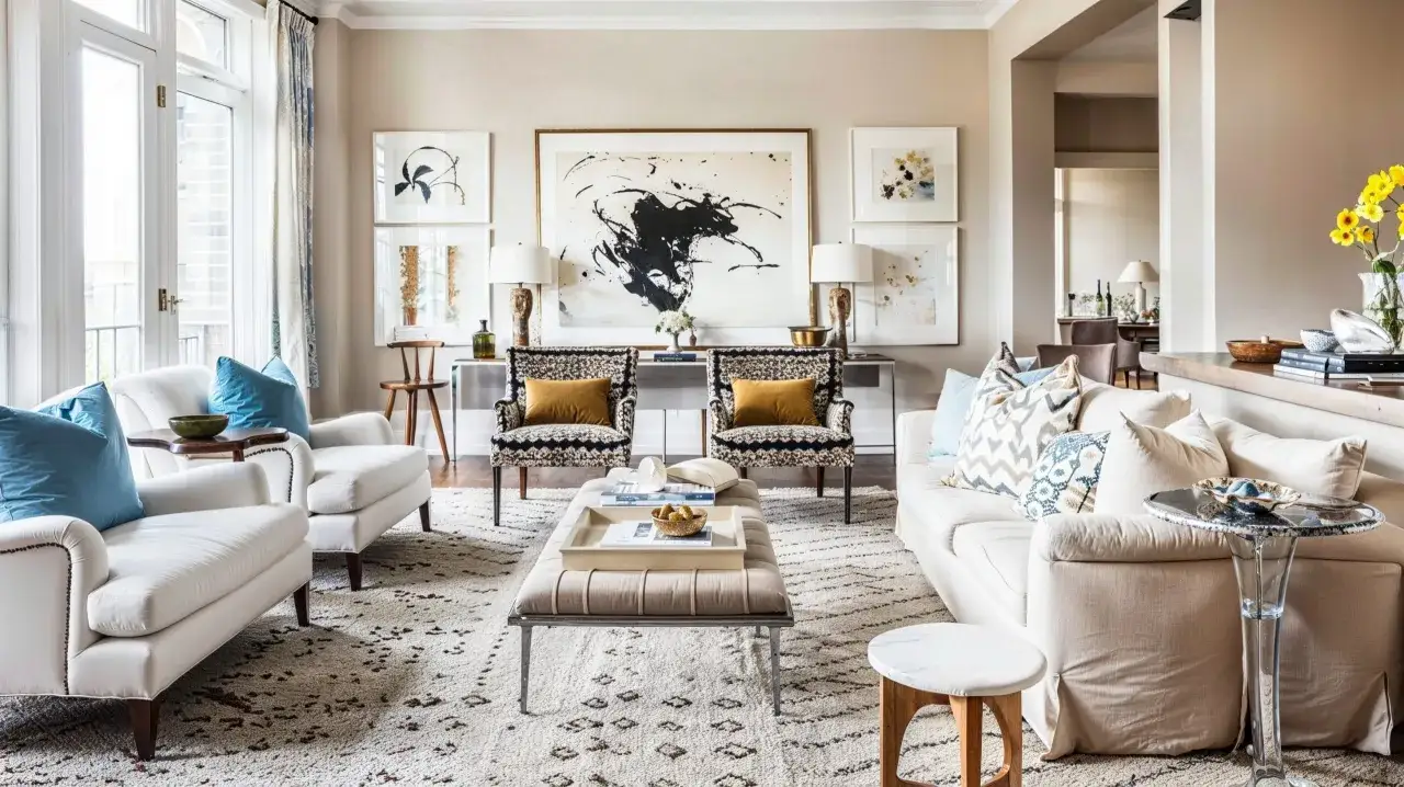 A living room with a large abstract painting, offering inspiration on how to choose art for your home.