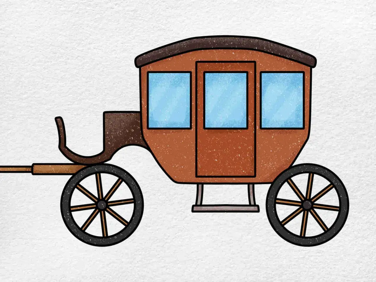 Une charrette dessin facile, avec ses grandes roues et ses fenêtres bleues, prête pour un voyage.