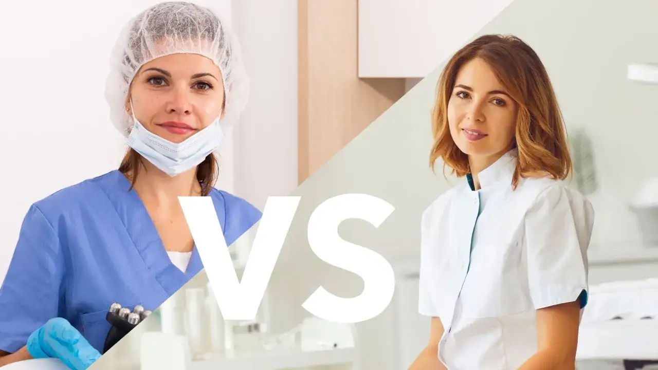 Da estetista a medico estetico: due professioniste a confronto, una con camice blu e mascherina, l'altra con camice bianco.