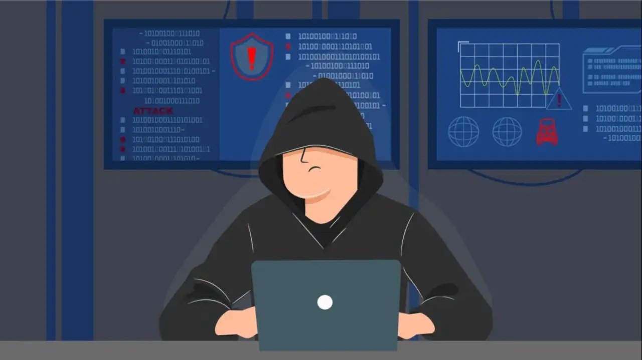Hacker mit Kapuze vor Bildschirmen, die Code und Warnsymbole zeigen. Was tun bei einem Hackerangriff? Digitale Sicherheit ist wichtig.