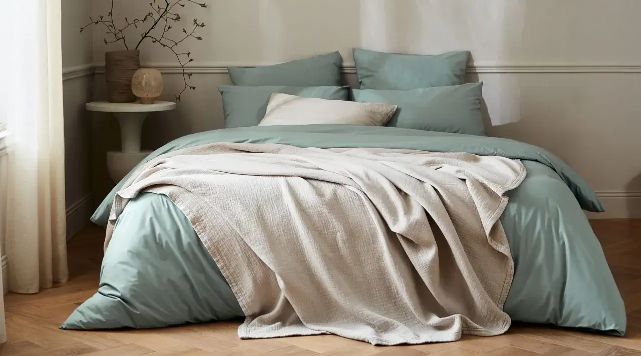 Lit douillet avec housse de couette vert sauge et jet&eacute; textur&eacute; beige. Quel tissu pour housse de couette ? Le coton doux est id&eacute;al.